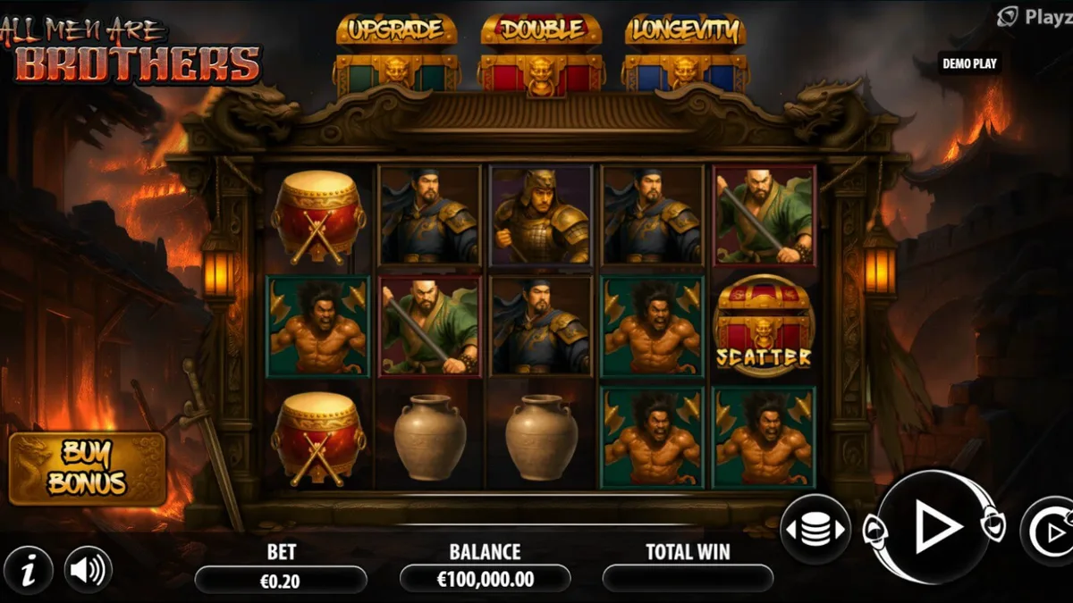 Cena de batalha épica no slot All Men Are Brothers com guerreiros e moedas douradas