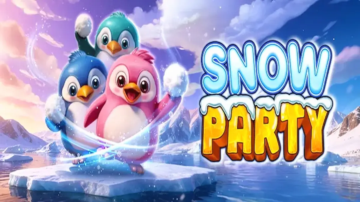 Personagens pinguins e criaturas marinhas em um cenário de festa gelada no jogo Snow Party